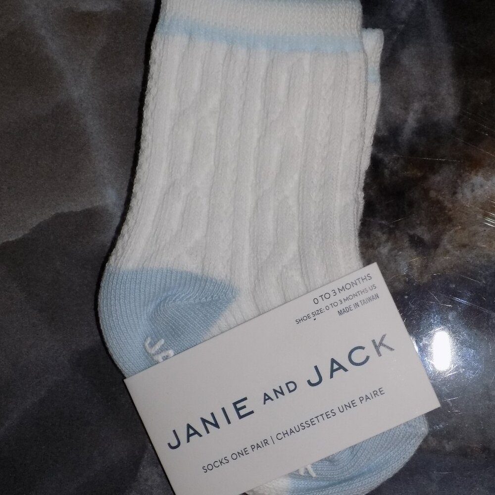 Janie and Jack White/Blue Cable Knit Ribbed Crew Socks Size 0/3 Months Boy's NEW